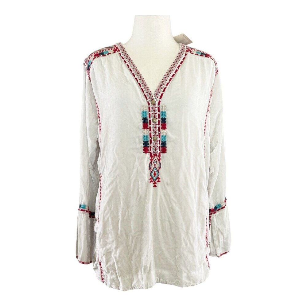 Johnny Was Ybom Aztec Velvet Embroidered Tunic Womens Small White Red Blue